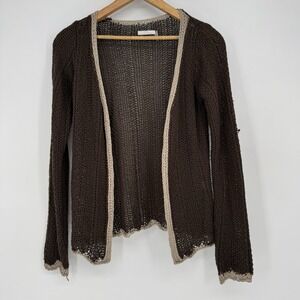 Pois Cardigan Brown Beige Trim Open Knit Sweater Women's Small‎ Made In Italy